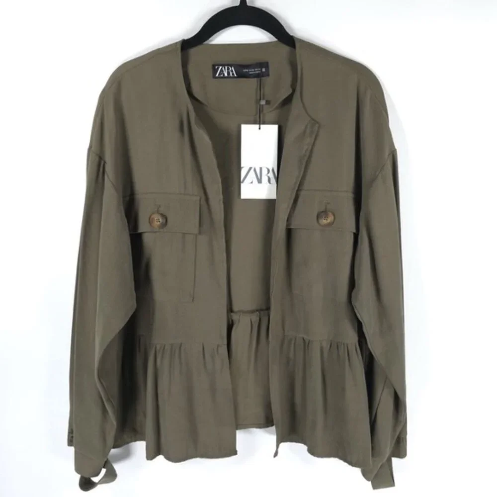 NWT ZARA Viscose Blend Ruffle Peplum Army Green Jacket Open Front 4968/068/M‎